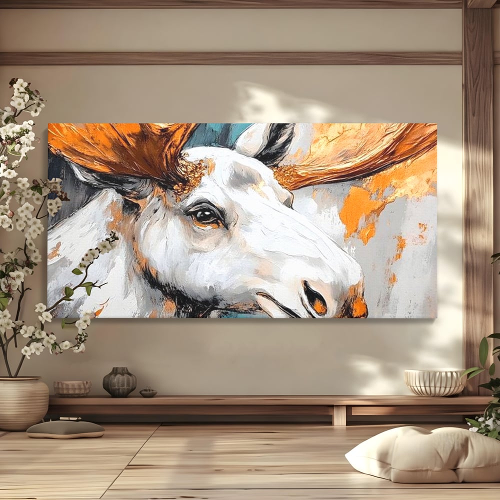 Tablou canvas cu tablou canvas cu cap de elan pictat, fara rama, pe sasiu de lemn